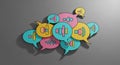 Colorful speech bubbles with sound icons arranged in a circular pattern on a modern gray background representing communication and Royalty Free Stock Photo