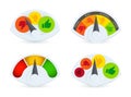 Colorful speedomeret, barometer, fuel gauge logo set. Business performance review indicator logotype collection. Thumbs