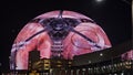 The colorful Sphere at The Venetian Resort surrounded by buildings at night in Las Vegas Nevada