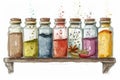 Colorful Spice Jars on Rustic Shelf