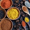 Colorful spice powder, chilli, pepper, turmeric, cashew