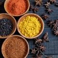 Colorful spice powder, chilli, pepper, turmeric, cashew