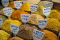 Colorful spices with arabic description on Suq in Damascus