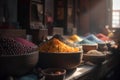 Colorful spices on the bazaar in Fez, Morocco.