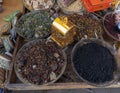 Colorful spices in bowls for sale in the Medina Souk in Meknes, Morocco. Royalty Free Stock Photo