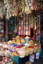 Colorful spices in different recipients on a spices market in Marrakesh, Morocco