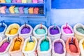 Colorful spices and  dyes in the street of the blue city, Chefchaouen, Morocco Royalty Free Stock Photo