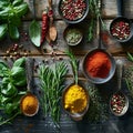 Colorful Spices and Fresh Herbs on Rustic Wooden Table