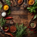 Colorful Spices and Fresh Herbs on Rustic Wooden Table