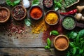 Colorful Spices and Fresh Herbs on Rustic Wooden Table