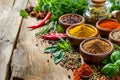 Colorful Spices and Fresh Herbs on Rustic Wooden Table