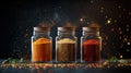 Colorful spices in glass jars with vibrant dust particles create an inviting atmosphere for culinary creativity Royalty Free Stock Photo