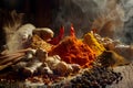 Colorful spices heaped on rustic wooden surface with aromatic smoke