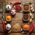 Colorful spices and herbs in a knolling flat lay design.