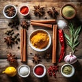 Colorful spices and herbs in a knolling flat lay design.