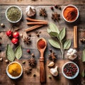 Colorful spices and herbs in a knolling flat lay design.