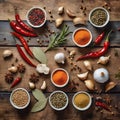 Colorful spices and herbs in a knolling flat lay design.