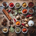 Colorful spices and herbs in a knolling flat lay design.