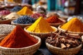 Colorful spices and herbs in wicker baskets Royalty Free Stock Photo