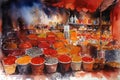 Colorful spices at the market in India. Watercolor painting.