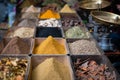 Colorful spices on souk bazaar- Oriental cuisine ingredients -