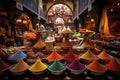 Colorful spices in the souk of Marrakesh, Morocco, Immerse in an exotic spice bazaar, with colorful sacks and jars showcasing a Royalty Free Stock Photo