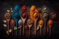 Colorful spices in wooden spoons on dark background, top view. Generative AI Royalty Free Stock Photo