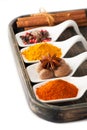 Colorful spices in wooden tray