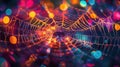 Colorful spider web with vibrant bokeh lights