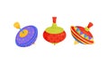 Colorful Spinning Top as Children Toy with Sharp Point for Balancing Vector Set Royalty Free Stock Photo