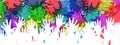 Colorful splash background with set of white hands, color rainbow of paints Ã¢â¬â vector