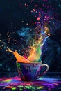 Colorful splash in a coffee cup on a vibrant background Royalty Free Stock Photo