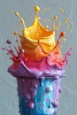 Colorful splash of oil paint from a bucket , splash of rainbow color paint Royalty Free Stock Photo