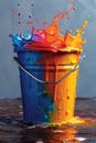 Colorful splash of oil paint from a bucket , splash of rainbow color paint Royalty Free Stock Photo