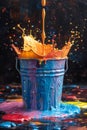 Colorful splash of oil paint from a bucket , splash of rainbow color paint Royalty Free Stock Photo