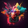 Colorful splashes with speaker on dark background. Vector illustration.