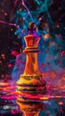 Colorful splattered paint on a chess king piece with neon backdrop Royalty Free Stock Photo