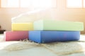 Colorful sponge with yellow, green, blue, pink placed on fur has Royalty Free Stock Photo