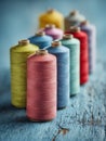 Colorful spools of sewing thread arranged neatly on rustic wooden surface with soft focus background displaying various vibrant Royalty Free Stock Photo