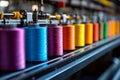 Colorful spools of thread aligned on textile conveyor in manufacturing plant Royalty Free Stock Photo