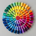 Colorful spools of thread arranged in a circular pattern form a rainbow spectrum Royalty Free Stock Photo