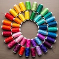 Colorful spools of thread arranged in a circular pattern on a wooden surface Royalty Free Stock Photo