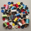 Colorful spools of thread and assorted sewing buttons are sca Royalty Free Stock Photo
