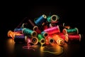 Colorful spools of thread on a black background, close up. Generative AI Royalty Free Stock Photo