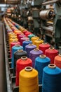 Colorful Spools of Thread on Manufacturing Machine Rows Up Close in Factory Industrial Setting Royalty Free Stock Photo
