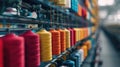 Colorful spools of thread neatly arranged on a rack. Ideal for sewing and crafting projects Royalty Free Stock Photo