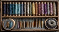 Colorful Spools of Thread and Sewing Tools in Vintage Wooden Box Royalty Free Stock Photo