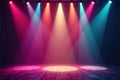 Colorful spotlights bathe empty stage in hues, stage, dark, visual arts Royalty Free Stock Photo