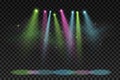 Colorful spotlights for party isolated on a dark transparent background. Elements for show and stage. Festive background. Night