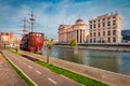 Colorful spring cityscape of capital of North Macedonia - Skopje with old wooden sailboat